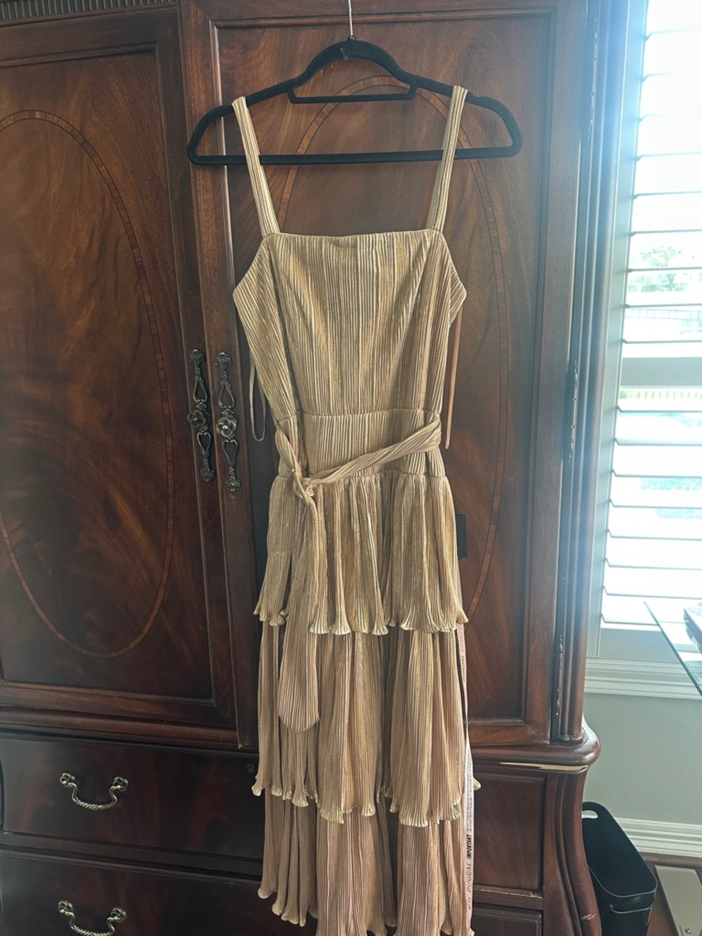 Tiered Gold Pleated Maxi Dress with Waist Tie